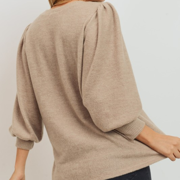 Wool Brush Puff Shoulder Soft Knit Sweater -Taupe - Picture 6 of 7